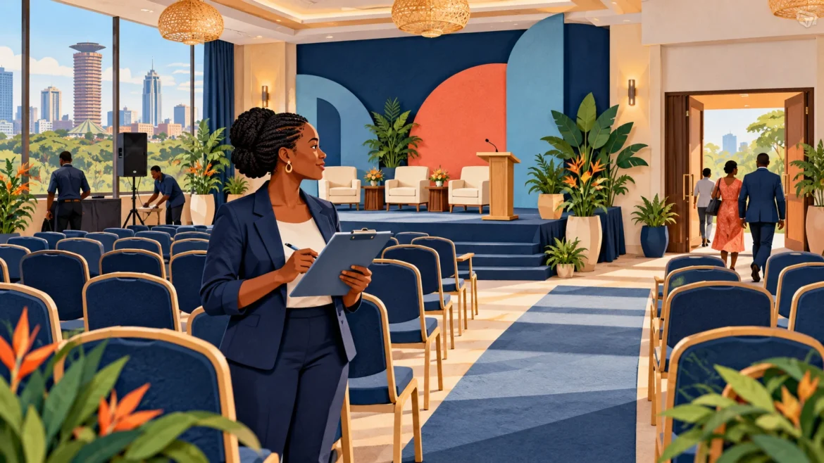 Event organiser inspecting a venue in Nairobi